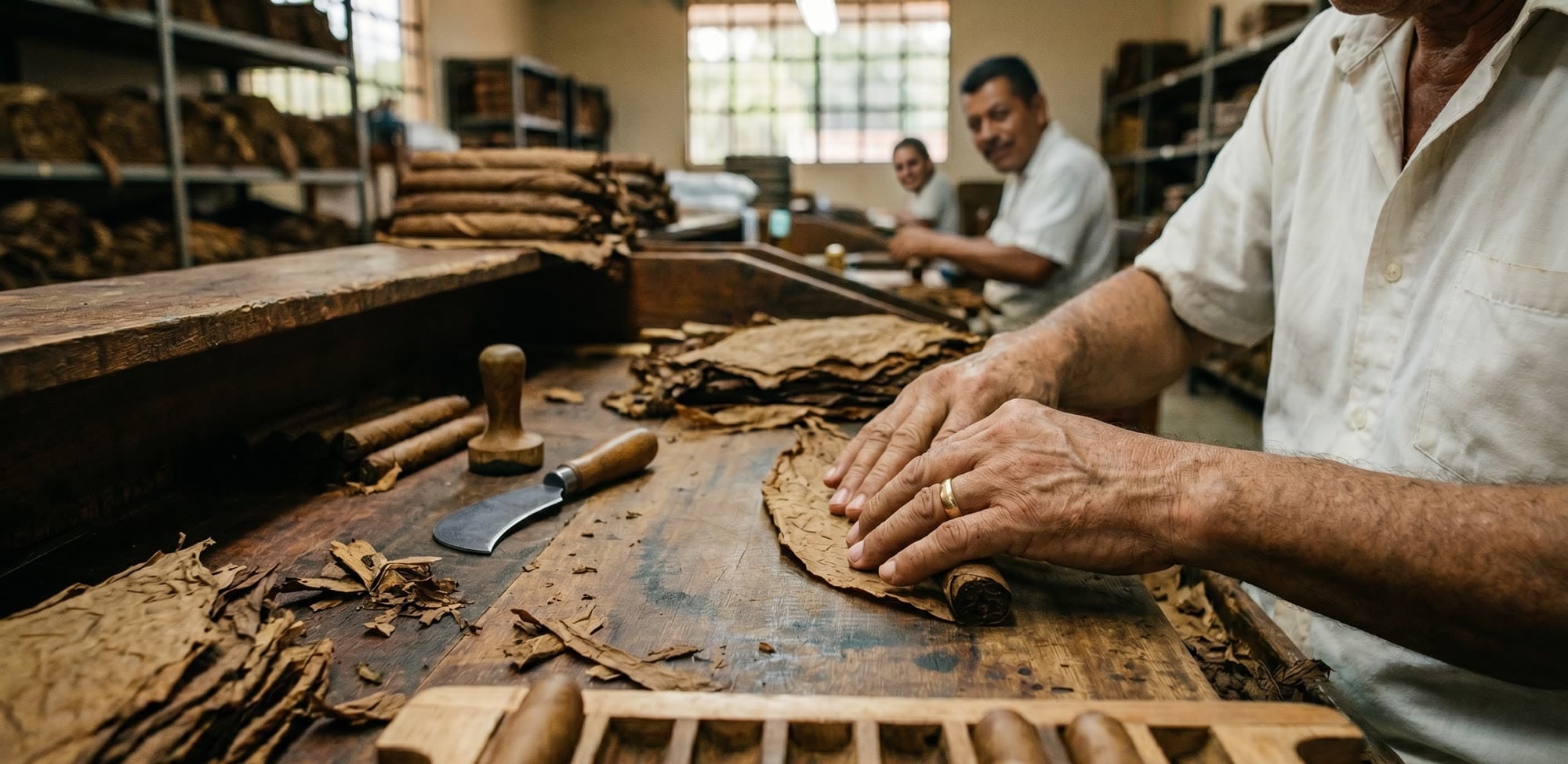 Master cigar craftsman rolling a premium Mayfin cigar